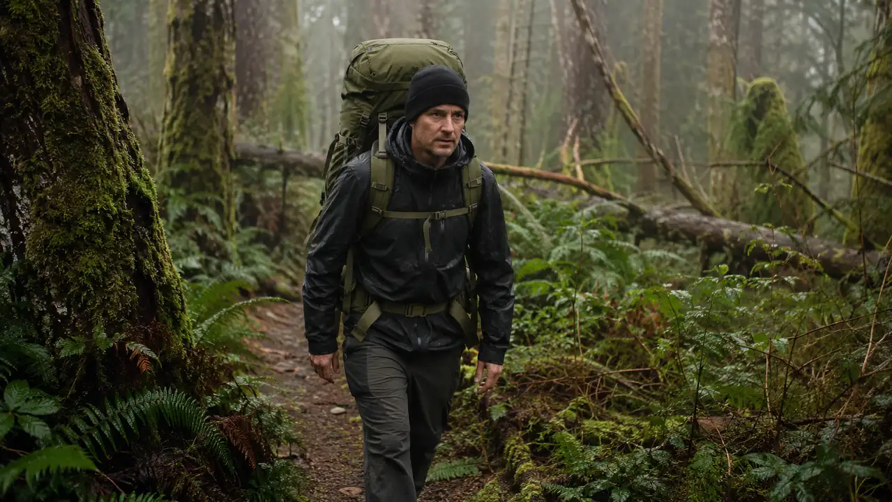 A hiker on a misty Cascade trail carrying a full 50 liter olive-green backpack, low cloud and dripping cedars behind