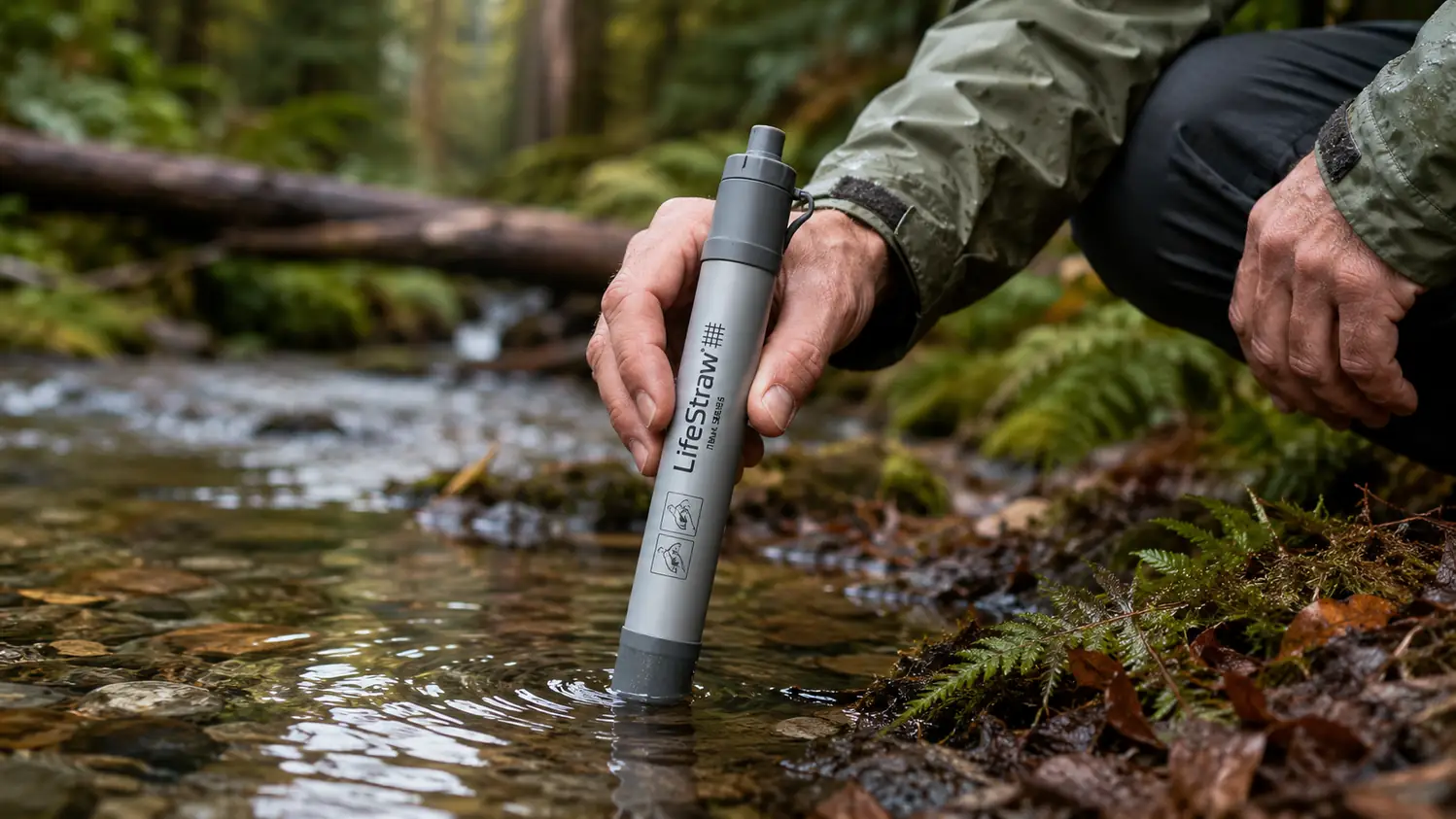 Close view of a hand lowering a LifeStraw Peak filter straw into a shallow stream to drink