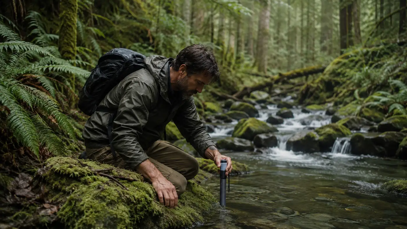 A person kneeling beside a clear mountain stream in a green Cascade forest, holding a gray water filter straw