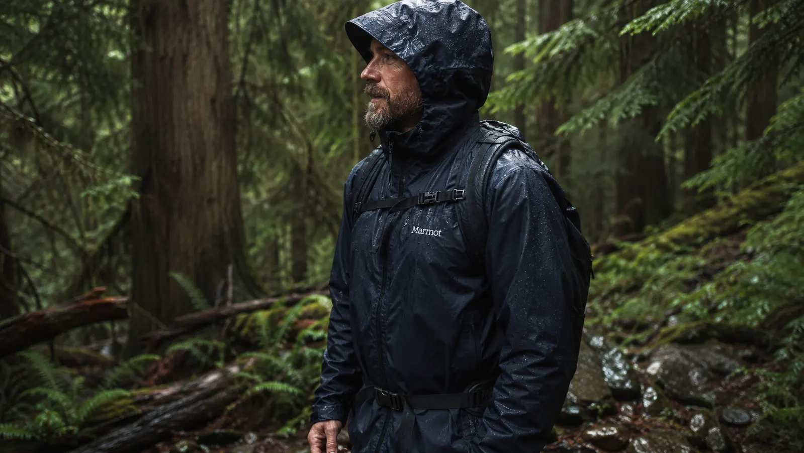 Close look at a Marmot Precip Eco rain jacket on a hiker, seam-sealed shoulders shedding water droplets