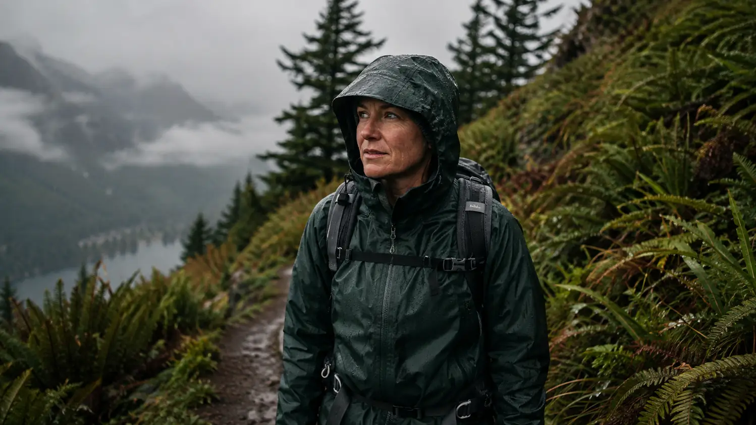 A hiker on a misty Cascade ridge trail in light rain, wearing a dark green hardshell rain jacket with the hood up