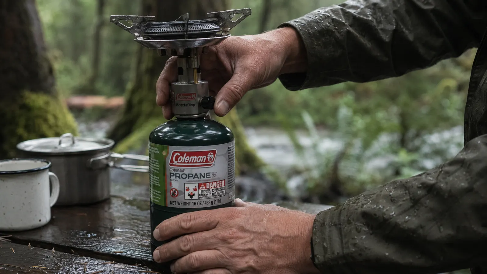 A hand screwing the stove onto a green one-pound propane canister