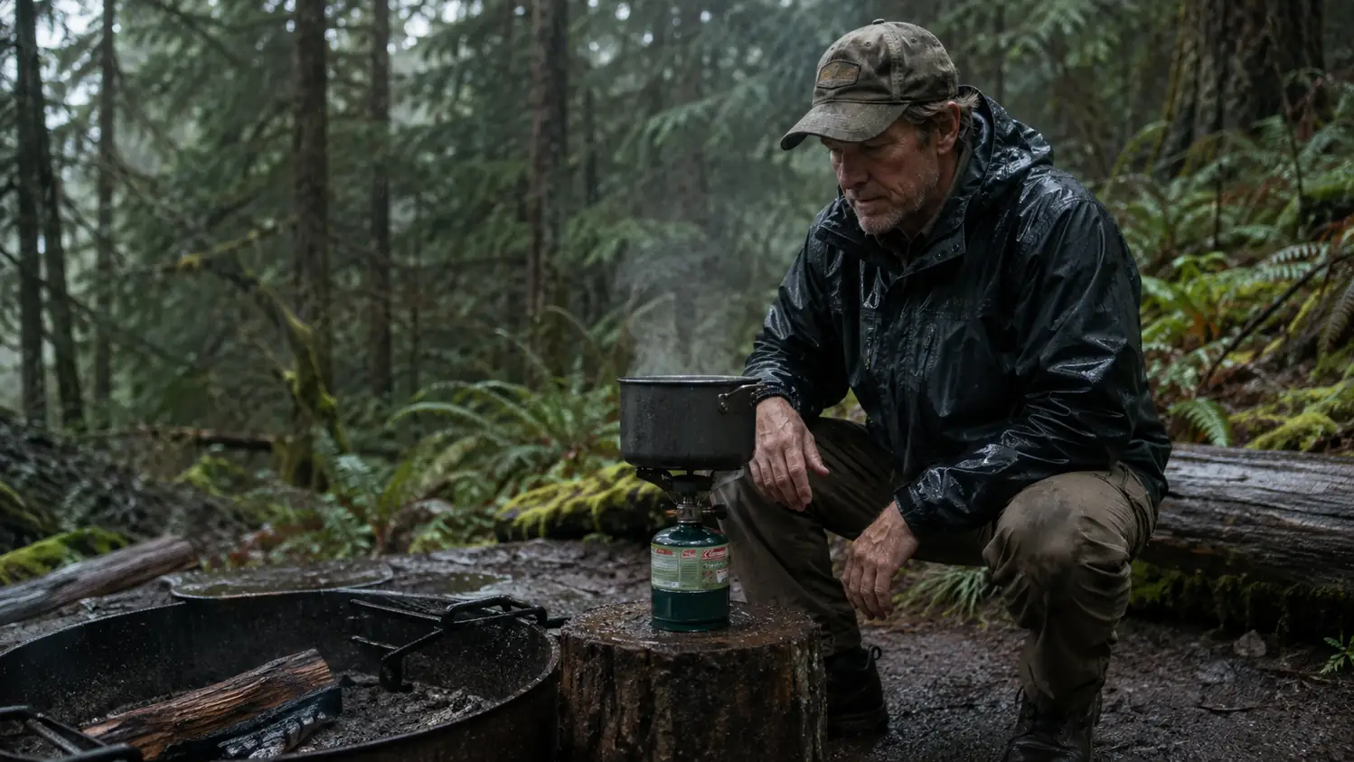 A propane camp stove with a pot of water steaming in steady rain beside a soaked fire ring