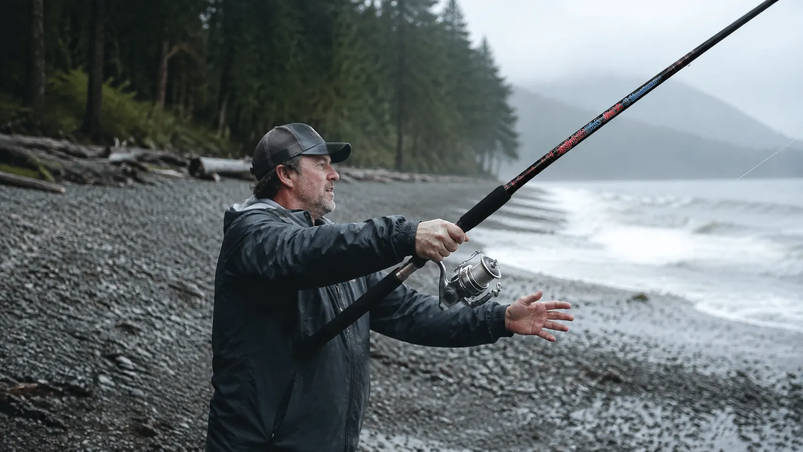 An angler casting a long Ugly Stik Bigwater spinning combo into the surf from a gravel beach
