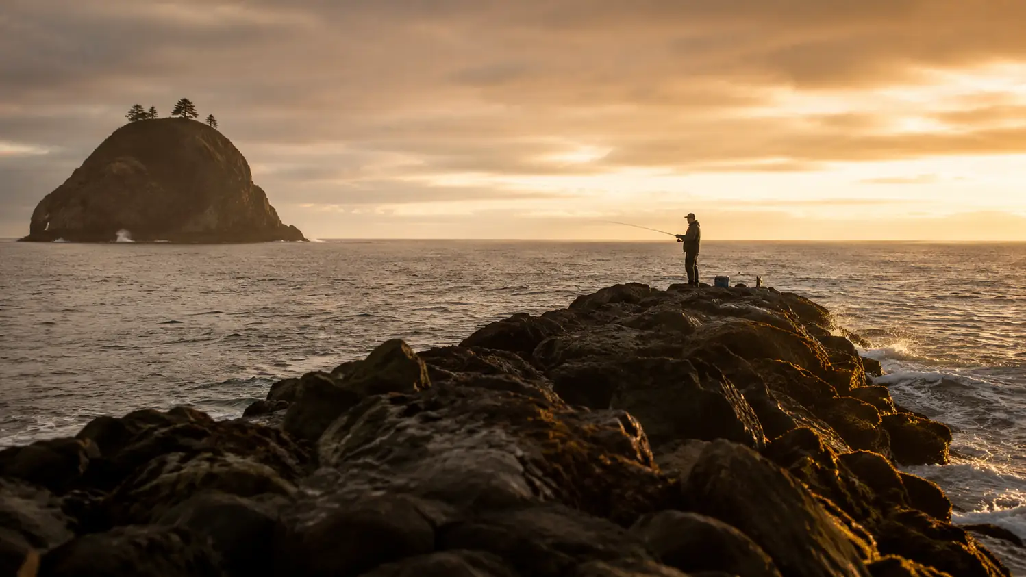 A rock jetty at golden hour stretching into the ocean with one angler fishing from the far end and a sea stack in the distance
