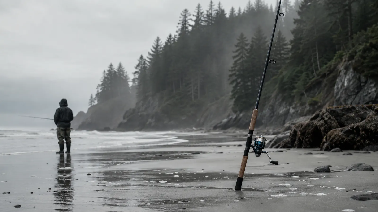 A single spinning rod and reel combo stuck upright in wet Pacific Northwest sand at low tide, a hooded fisherman out in the fog behind it