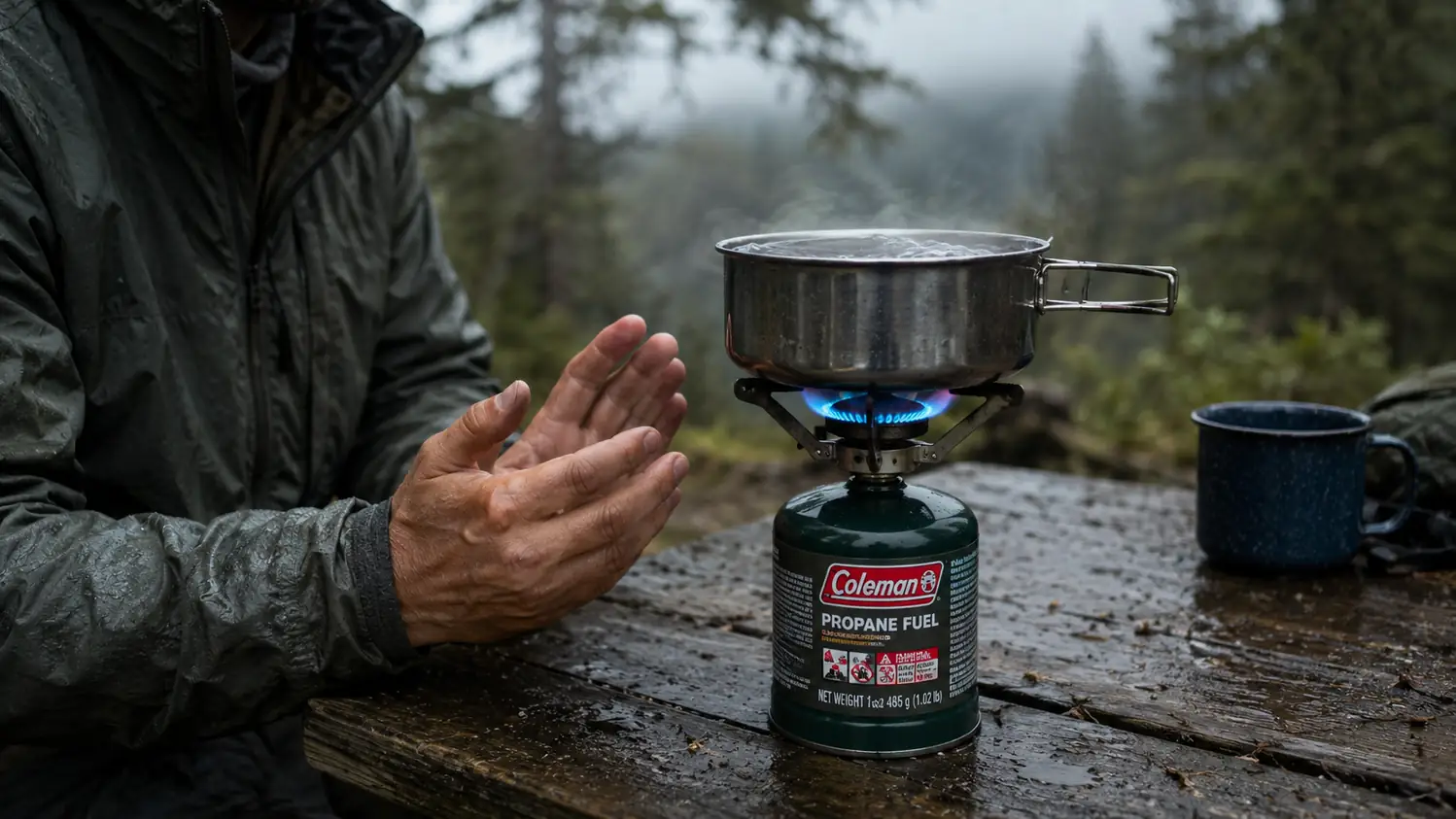 The Coleman BottleTop propane stove screwed onto a small canister, a blue burner flame under a stainless steel pot of boiling water
