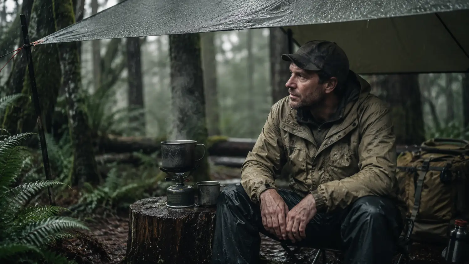 A rain-soaked campsite in the Pacific Northwest with steam rising from a small stove under a tarp, fir trees gray with drizzle