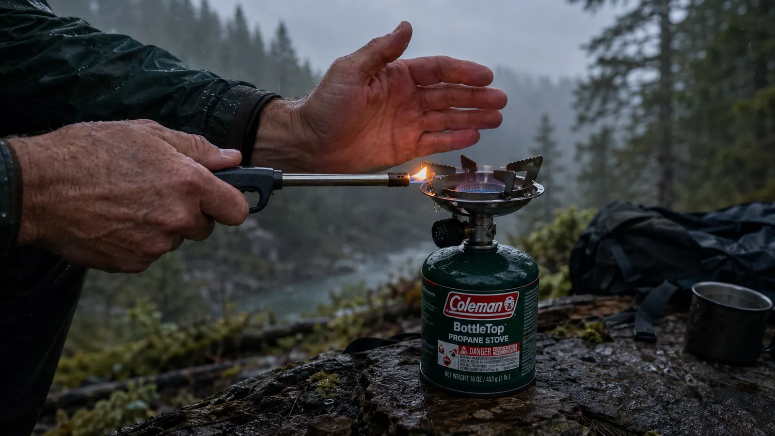 Hand holding a lighter to the burner of the Coleman BottleTop on a windy morning