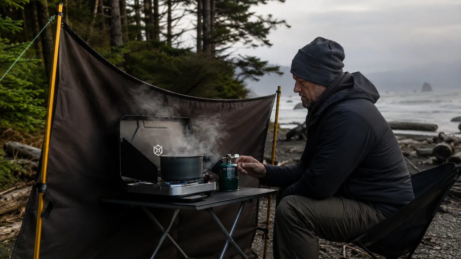 A tarp rigged as a windbreak beside a Coleman BottleTop stove at a gusty coastal camp