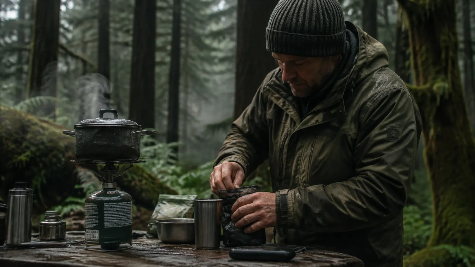 Coleman BottleTop stove screwed onto a green one-pound propane canister on a scarred camp table in drizzle