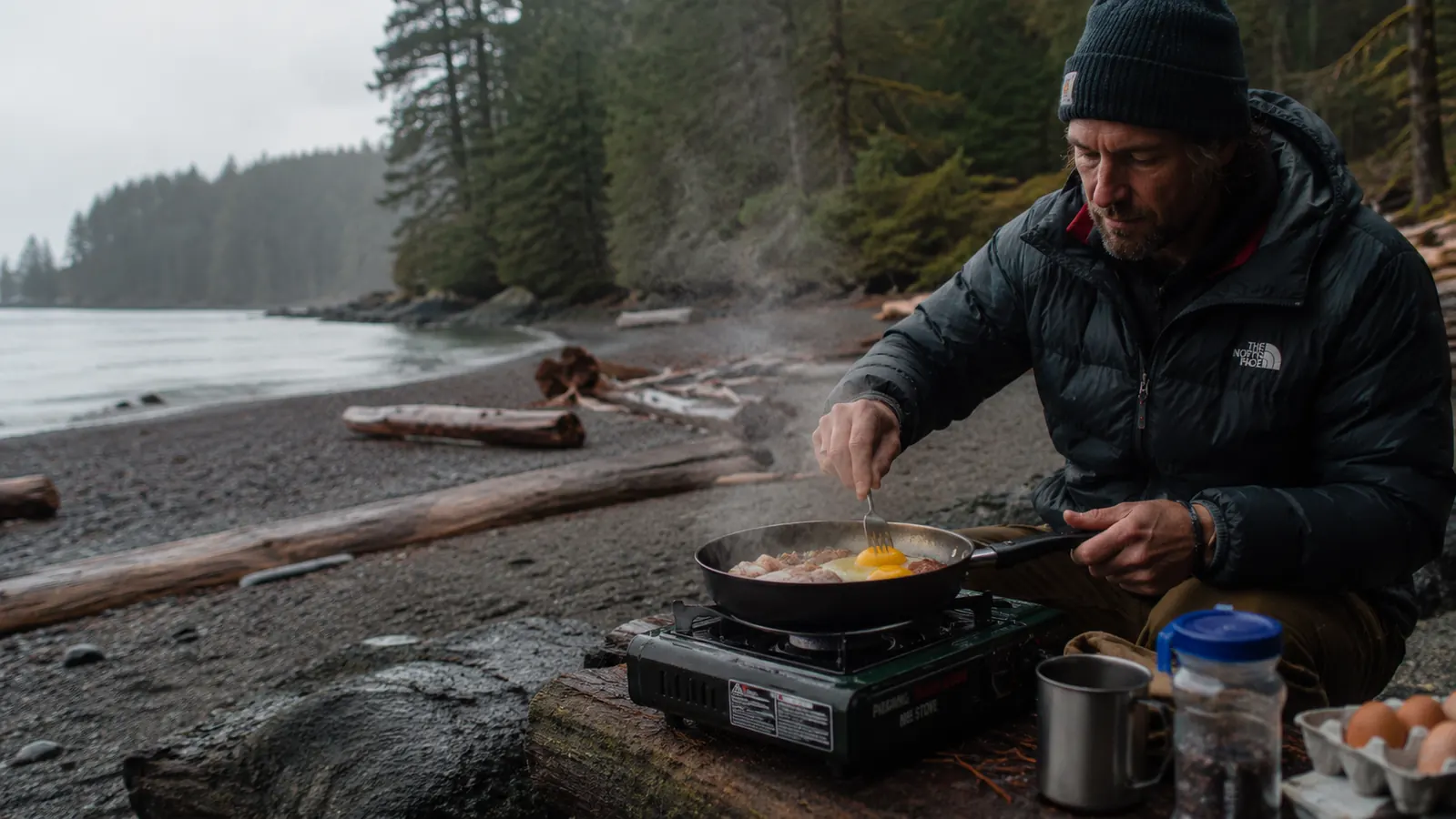 The Coleman BottleTop stove at a rainy coastal camp with a meal cooking on top