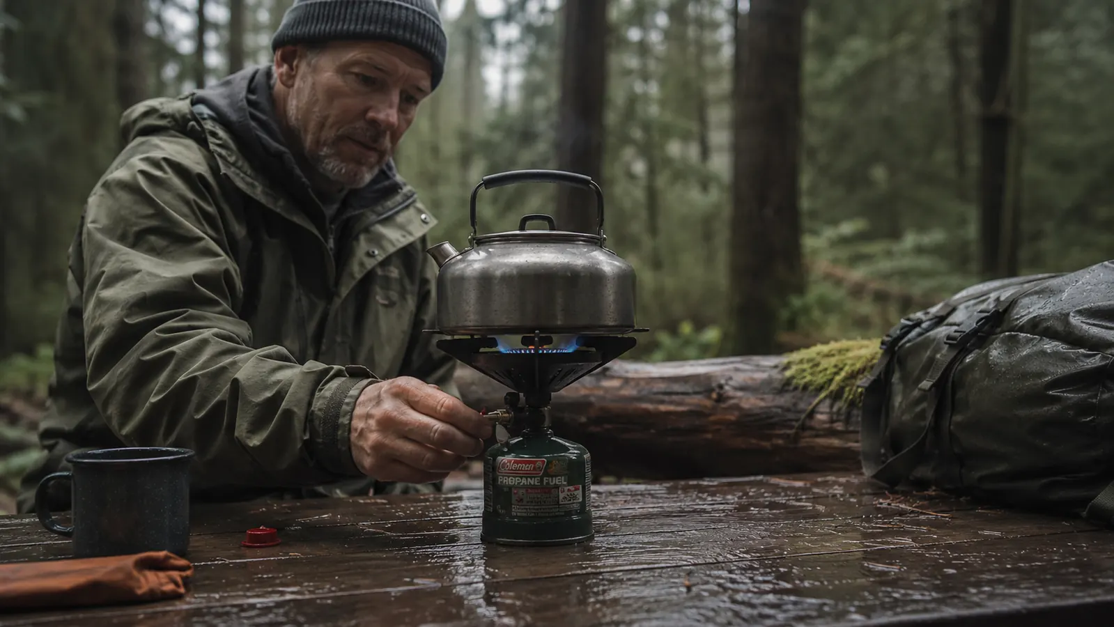 Coleman BottleTop propane stove with a steel kettle on a rain-slicked camp table at dawn in the Pacific Northwest