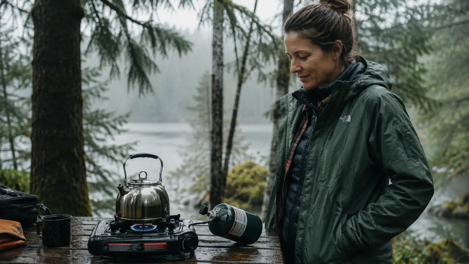 Coleman BottleTop propane stove with a steel kettle on a wet picnic table under grey PNW clouds