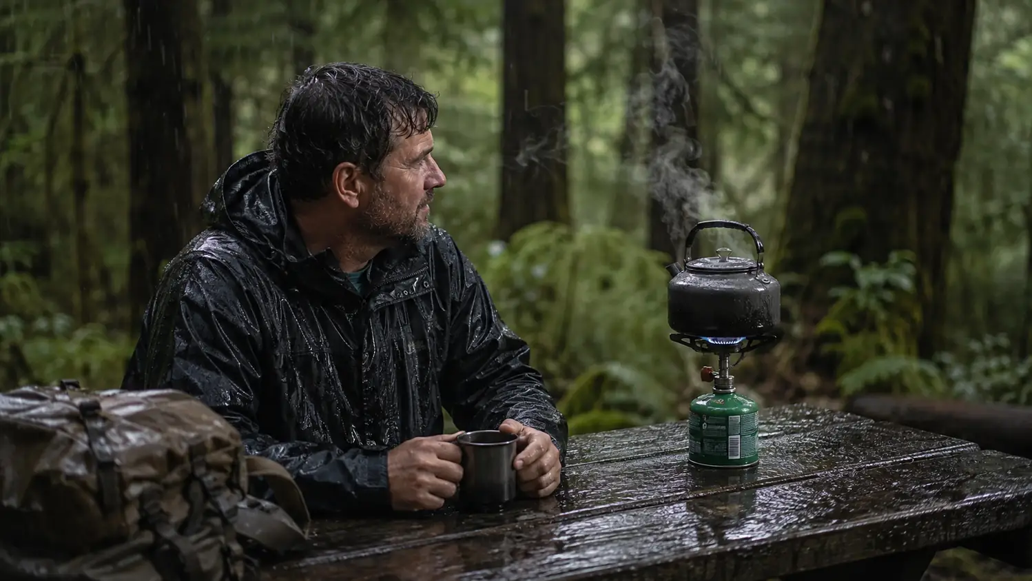A green Coleman BottleTop propane stove sits on a weathered campground picnic table with a boiling kettle on top, heavy Pacific Northwest drizzle falling behind it into dark evergreens.