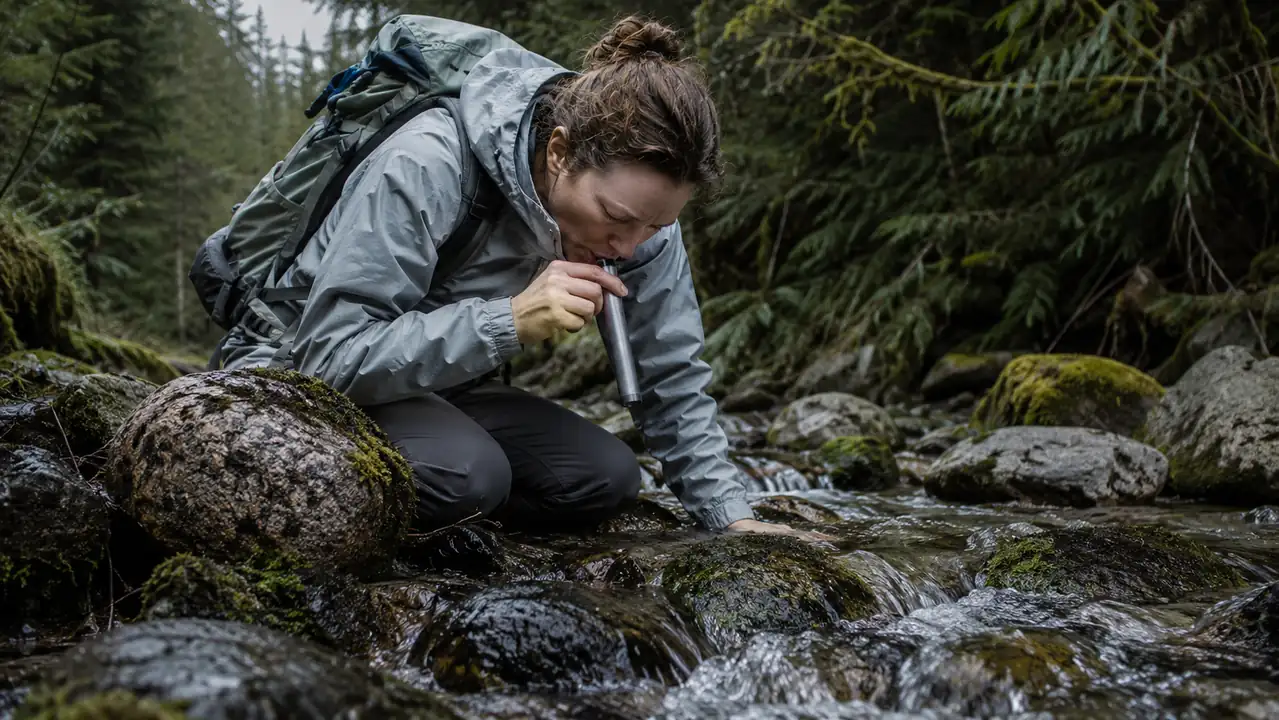 A hiker in a rain shell kneels at the edge of a clear mountain stream and drinks directly through a small gray filter straw, the water running bright over mossy rocks behind them.
