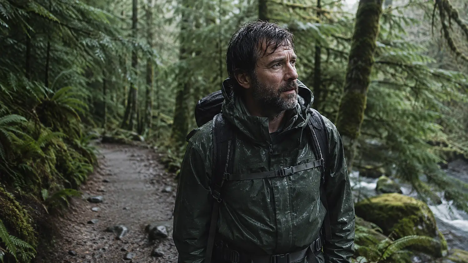 A hiker in a green hardshell rain jacket walks a wet forested trail in a steady Pacific Northwest drizzle, overcast light over the ridge behind them.
