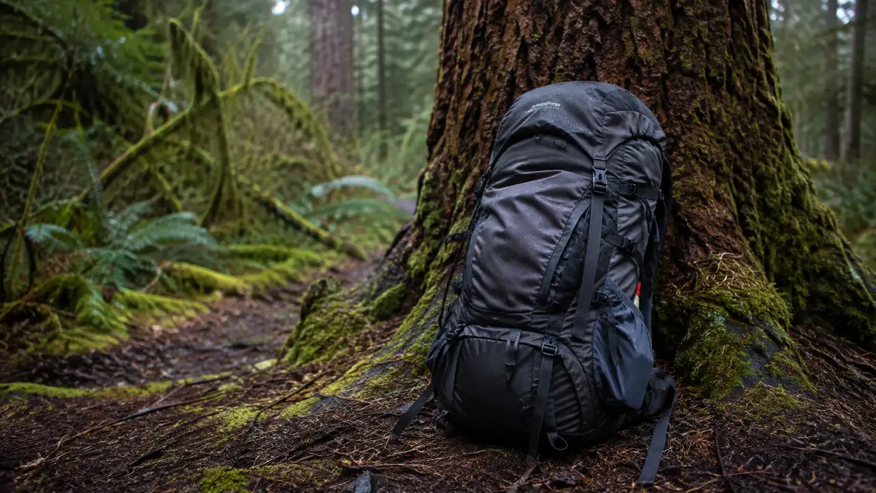 A green 50 liter hiking backpack packed and waiting against the trunk of a cedar on a forest trail, early morning mist in the Cascades