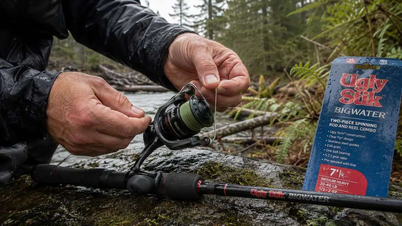 Close-up of hands spooling braided line through the guides of a surf spinning reel seated on a blank, line feeding evenly onto the spool.