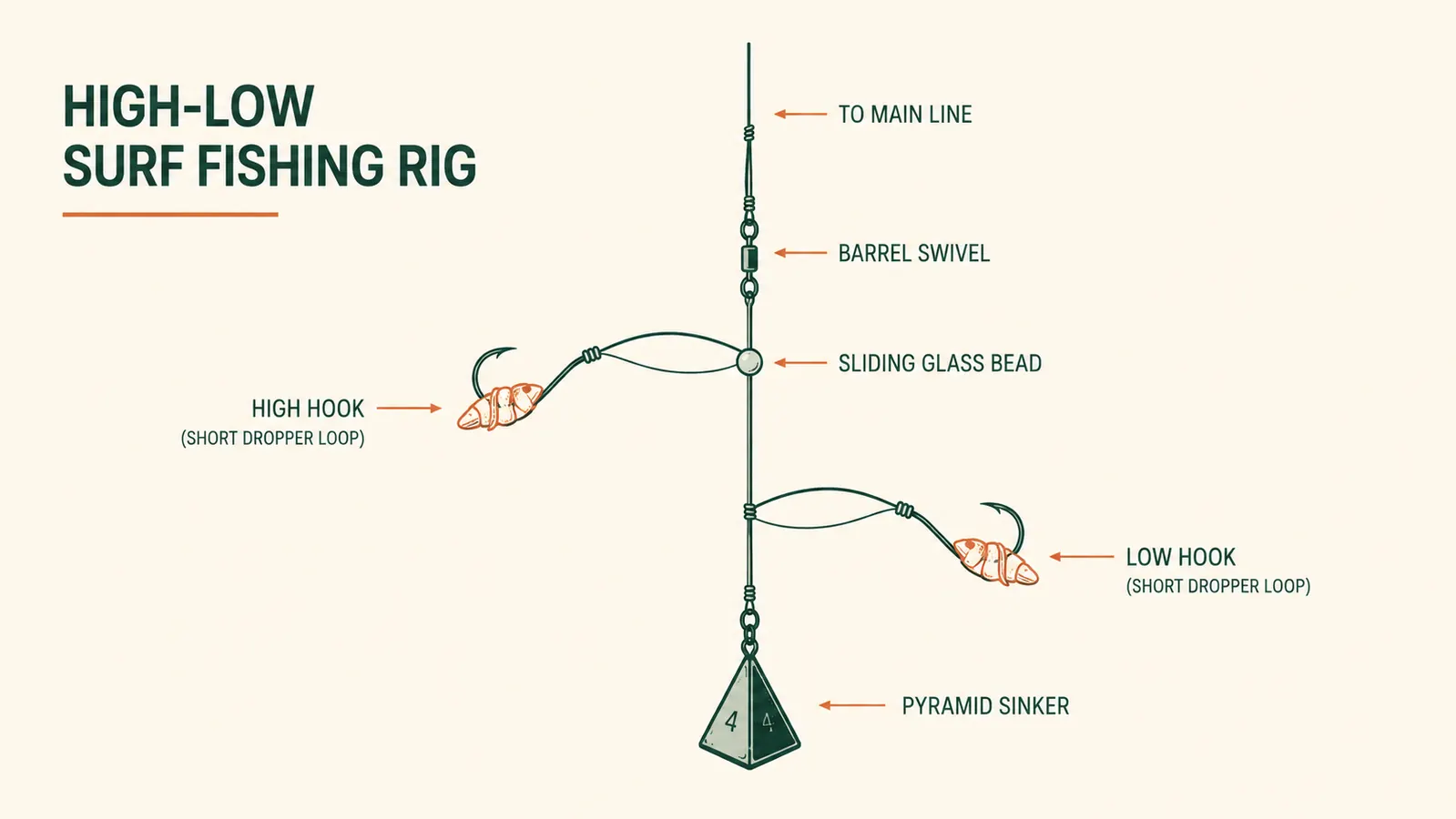 A clean labeled diagram of a high-low surf rig showing a pyramid sinker on the bottom, a swivel, a sliding bead, and two baited hooks on short droppers above.