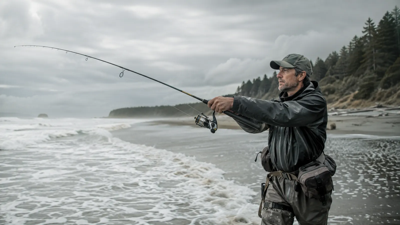 A fisher with a spinning combo turned sideways launching a long cast over the beach into the surf, spray at the waterline, dunes behind.
