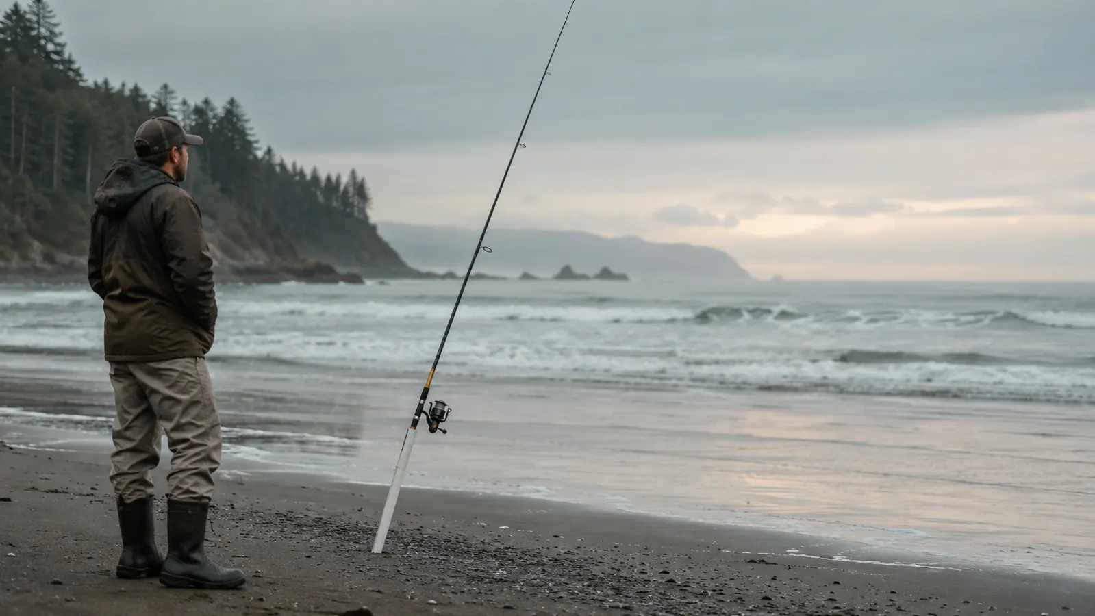A spinning rod propped in a sand spike on a wide Pacific Northwest beach at first light, glassy surf lines rolling in, overcast sky over the coast.