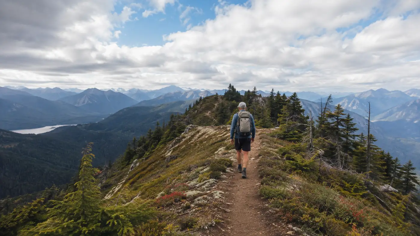 A long dry ridgeline trail above a valley, the sort of sweep you only reach with light shoulders and full water