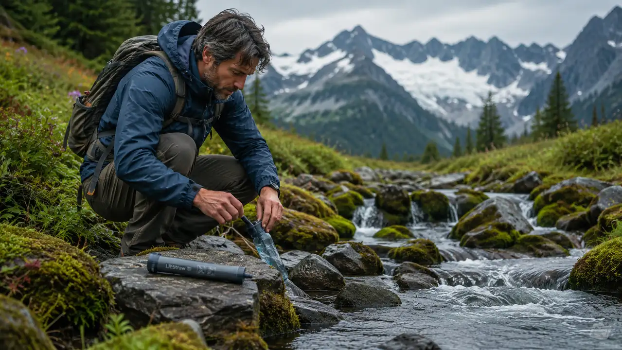 A filtered stream flowing over green rocks at the edge of a Cascade alpine meadow, a small water filter straw resting on a stone in the foreground