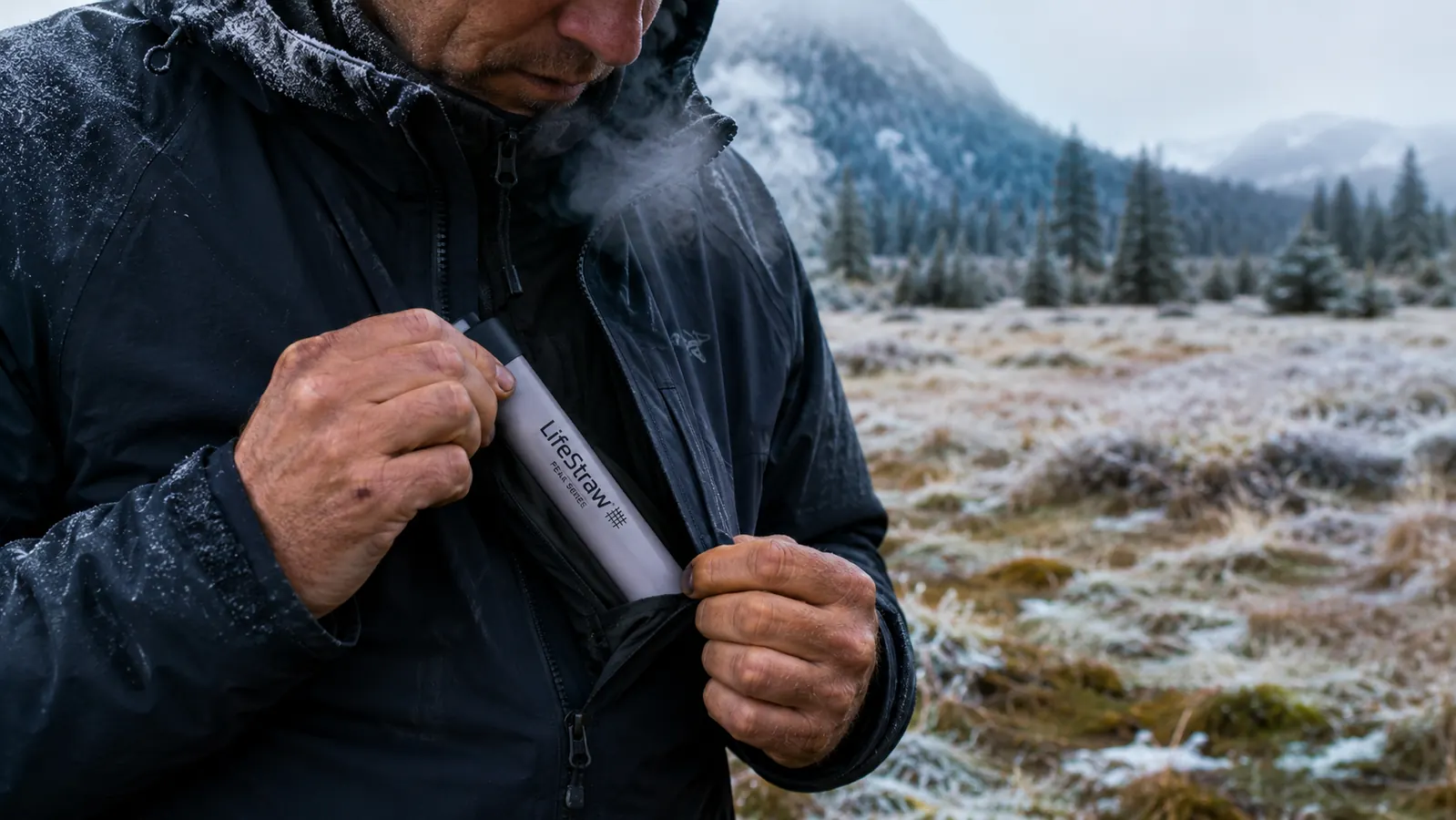 A hand slipping the LifeStraw Peak into an inside chest pocket of a rain shell before a frosty morning hike