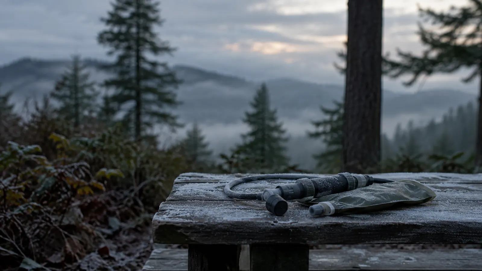 A gray filter straw resting on a frosted camp bench on a cold mountain morning, breath mist hanging in the air
