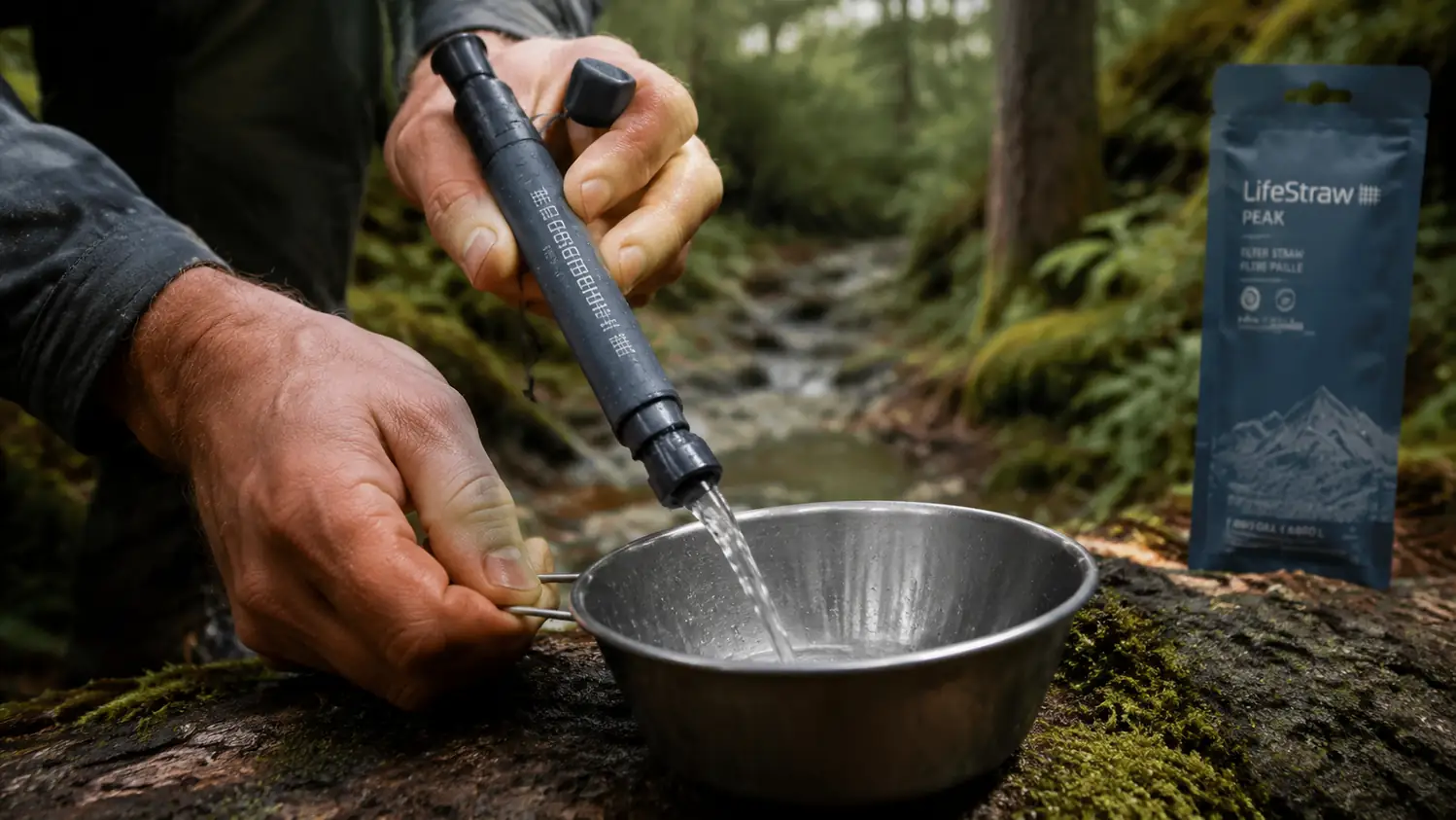 The LifeStraw Peak backflow flushing: water rinsing back through the mouthpiece into a small container