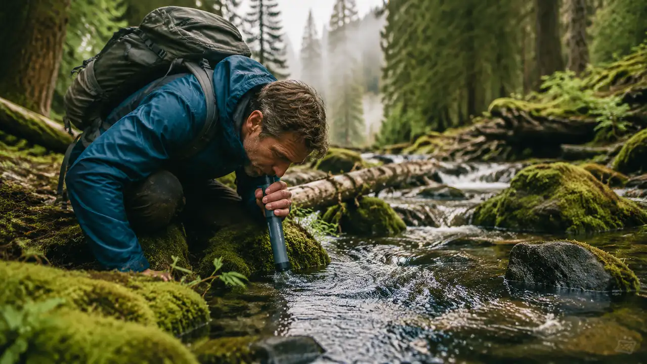 Hiker kneeling beside a clear mountain stream and drinking water through the LifeStraw Peak filter at treeline