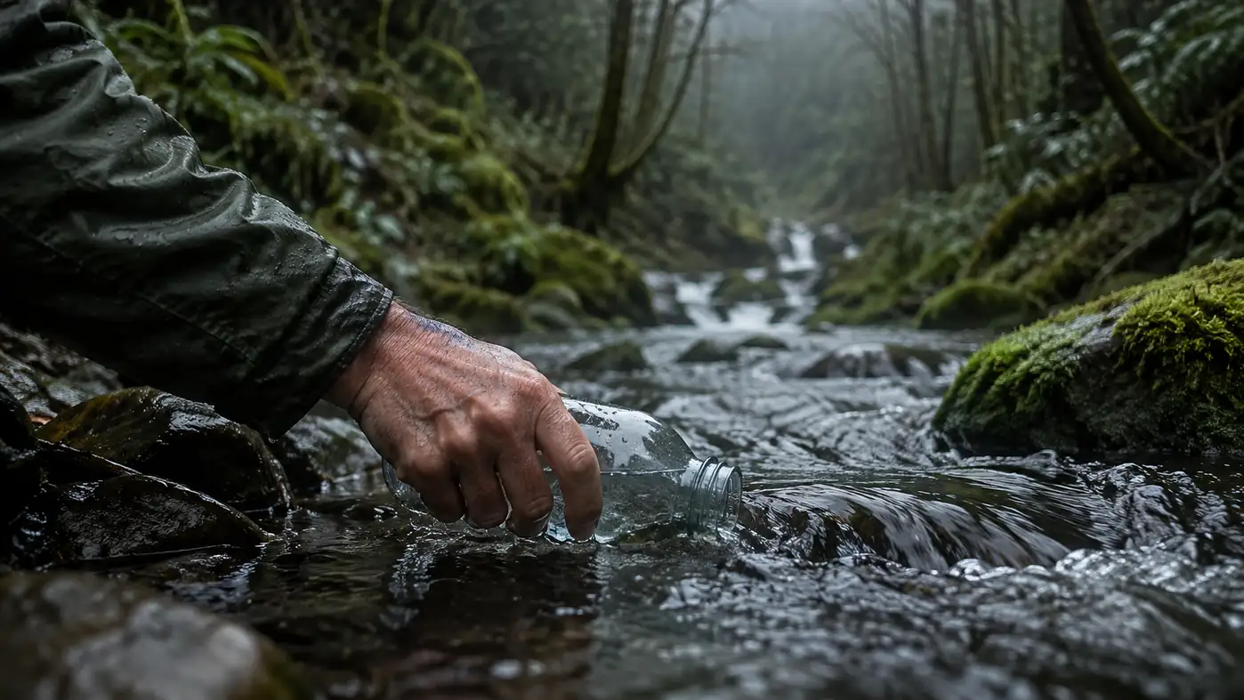 A gloved hand filling a water bottle from a fast-moving Cascade mountain stream
