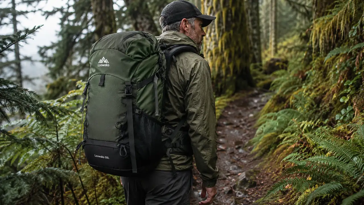 The Loowoko 50L pack worn on a trail, frame hugging the back, rain cover stowed in its base pocket