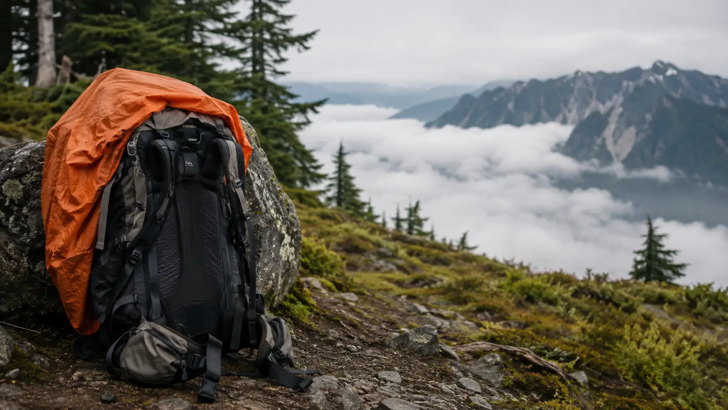 A loaded 50 liter pack leaning against a mossy boulder on a Cascade ridge with the pack's rain cover half on, mist in the valley below
