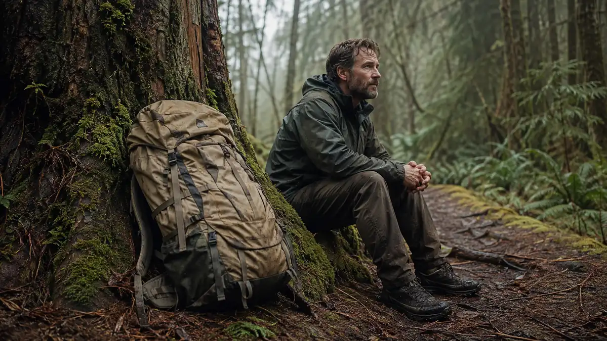 A worn beige 50 liter hiking backpack propped against a mossy cedar on a rainy Pacific Northwest trail