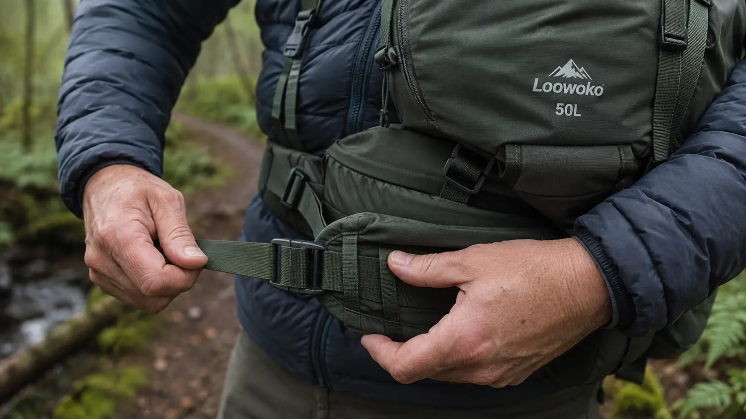 Hands adjusting the hip belt of a 50L backpack loaded for the weekend