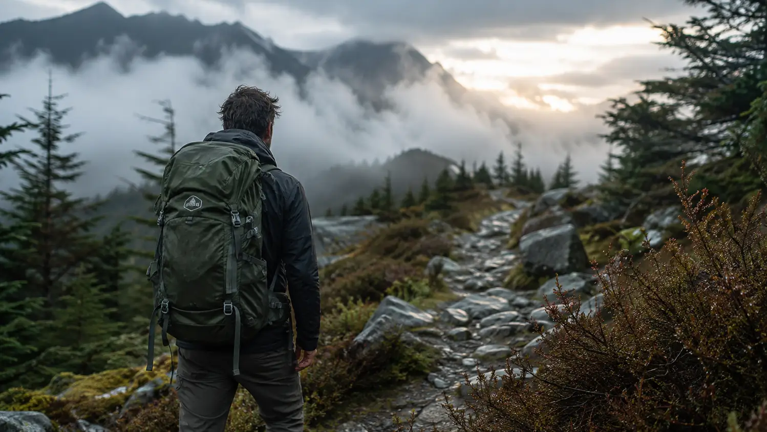 Hiker carrying the Loowoko 50L backpack on a Cascade ridge trail in morning mist