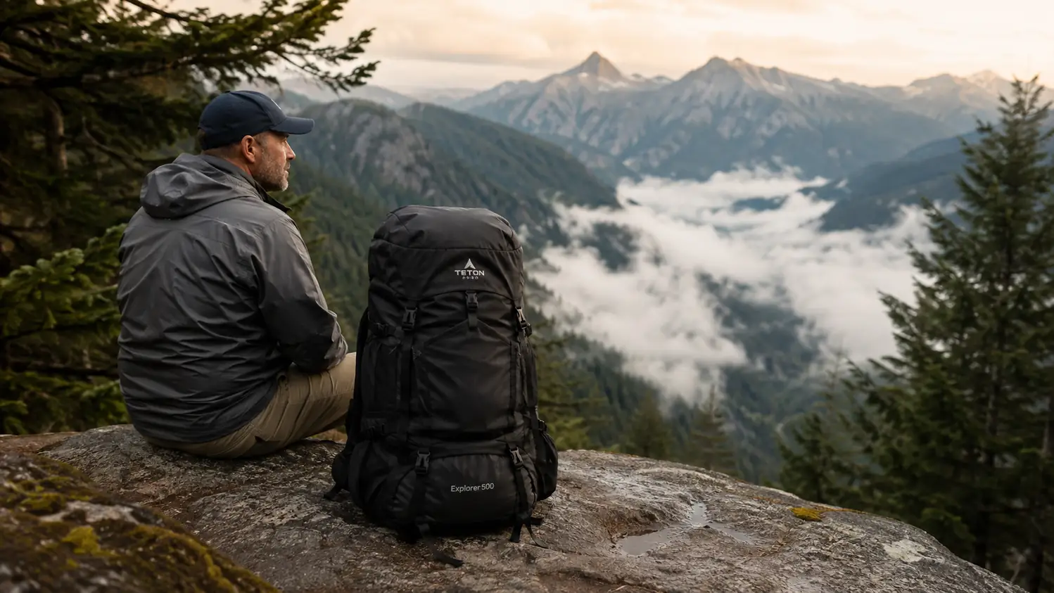 A 50 liter hiking pack sitting on a granite slab above a Cascade mountain valley in morning fog