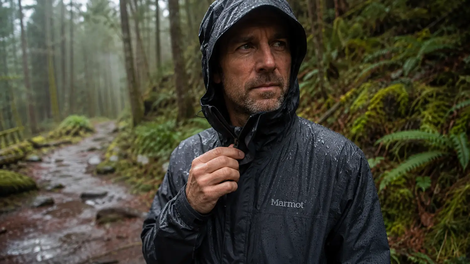 Close view of the Marmot Precip Eco jacket with the hood up in steady drizzle, water beading on the fabric
