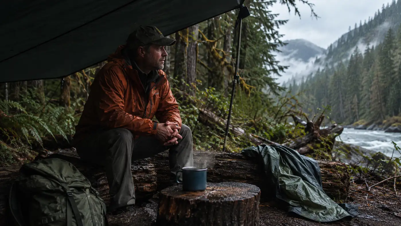 Open-air camp in the rain with a steaming mug of coffee under a tarp, a rain jacket shed on a log