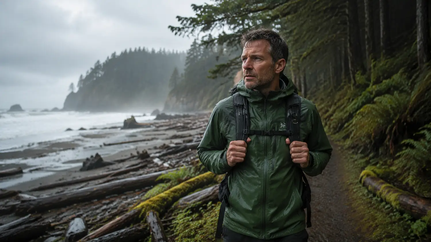 A lone hiker in a green rain jacket walking a rain-slick coastal trail in the Pacific Northwest, gray sea fog behind them