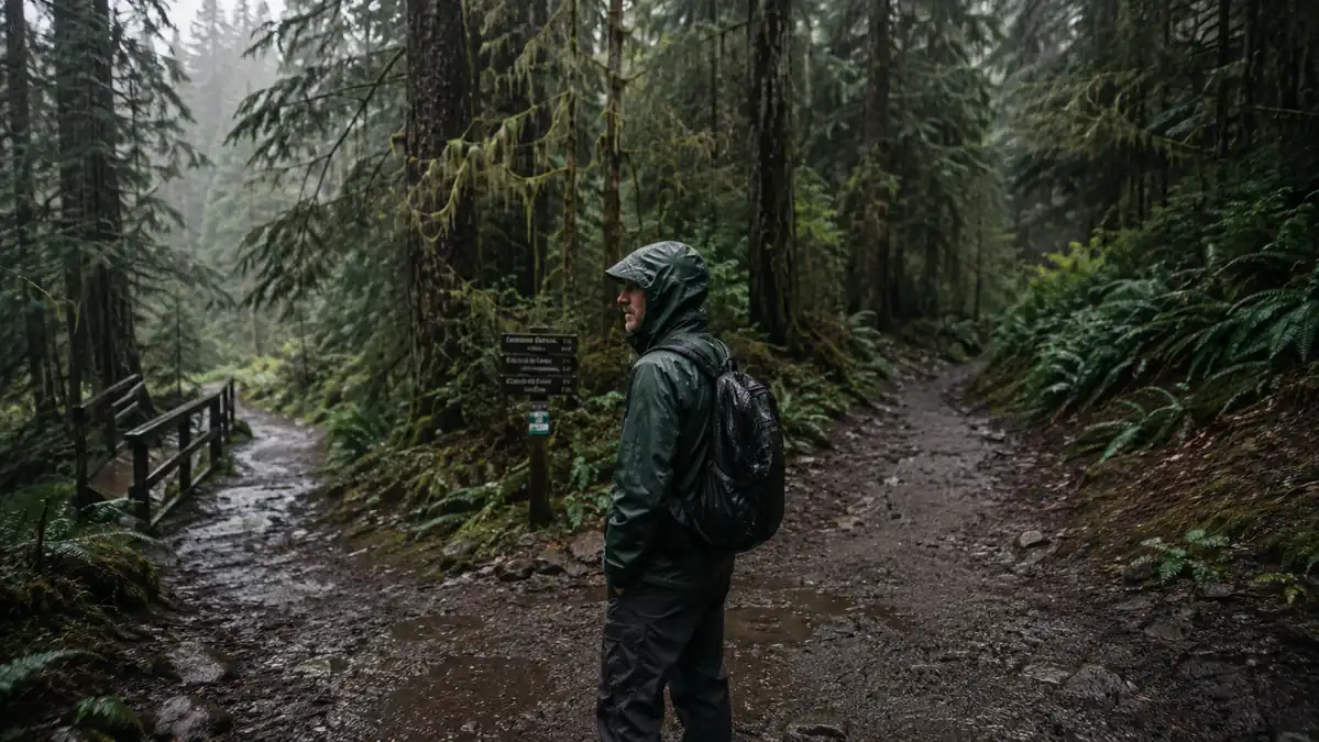 A hooded hiker in a green rain jacket standing at a trail junction in steady rain, Pacific Northwest forest behind