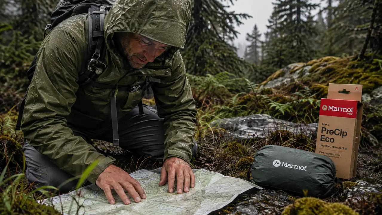 Hiker kneeling to check a map on an alpine trail in steady rain, jacket beading water