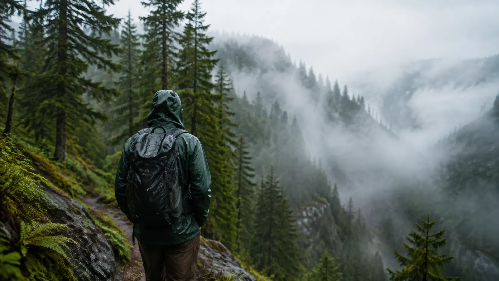 Marmot Precip Eco worn by a hiker on a foggy Cascade ridge trail with rain in the air