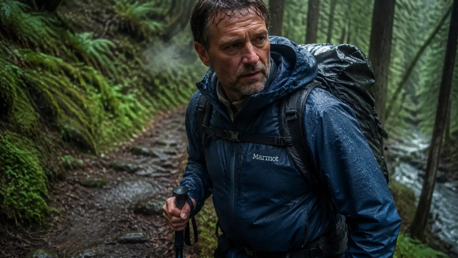 Hiker wearing the Marmot Precip Eco on a rainy Cascade trail, water beading off the shoulder and back