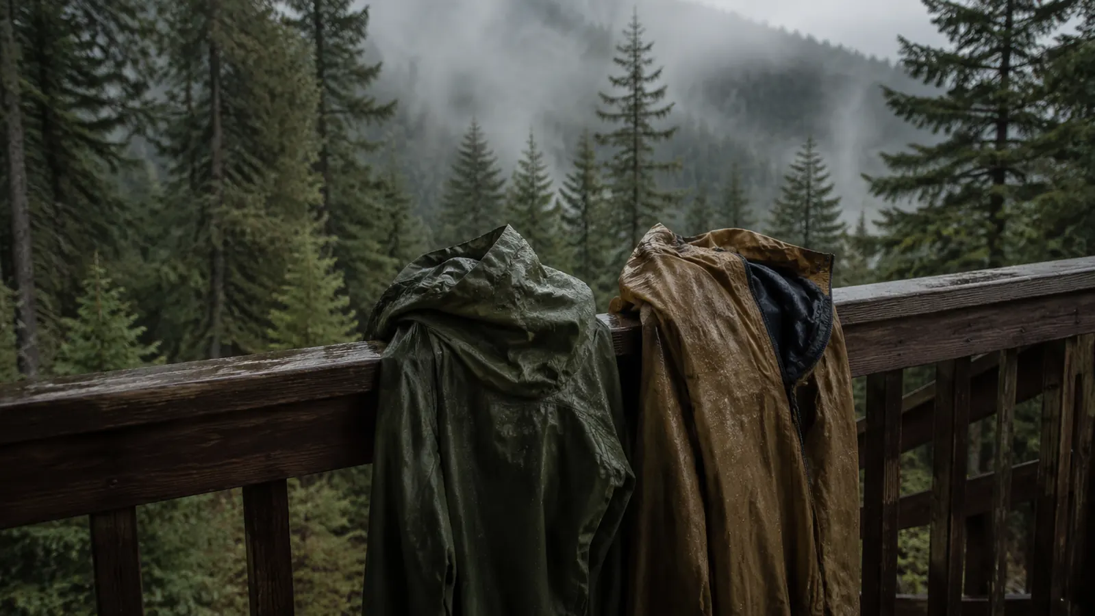 Marmot Precip Eco and Columbia Watertight II hanging side by side on a porch rail in light PNW rain, misty green forest behind