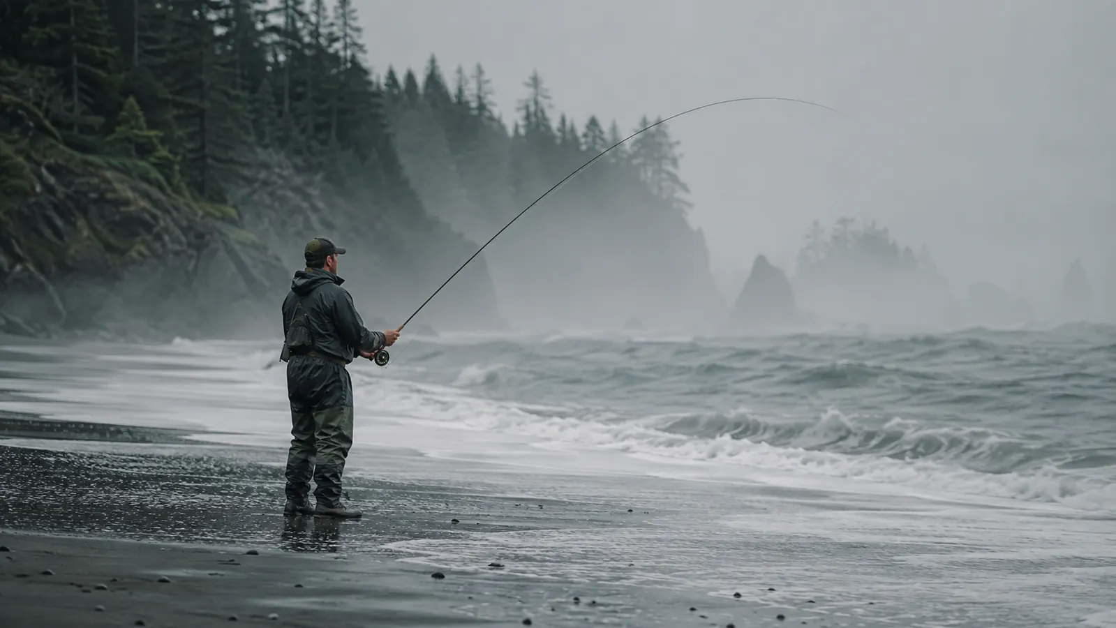 A foggy Washington coast morning with surf rolling in and a single fisherman standing at the waterline, rod bent against the mist