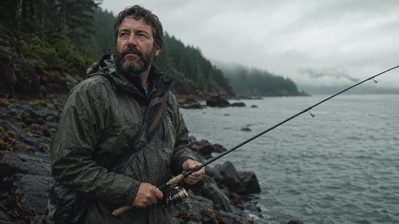 A two-piece spinning rod held in one hand on a Washington jetty at low tide, calm overcast sky, wet rock