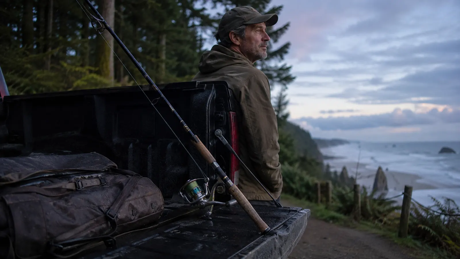 The Ugly Stik Bigwater combo leaning in a truck bed after a saltwater day